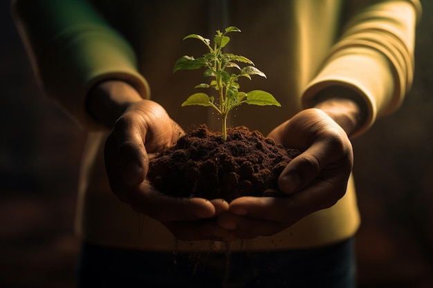 A man holding a freshly planted seedling symbolizing growth