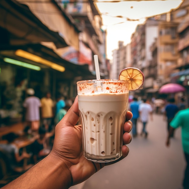 a man holding a fusion of coconut milk