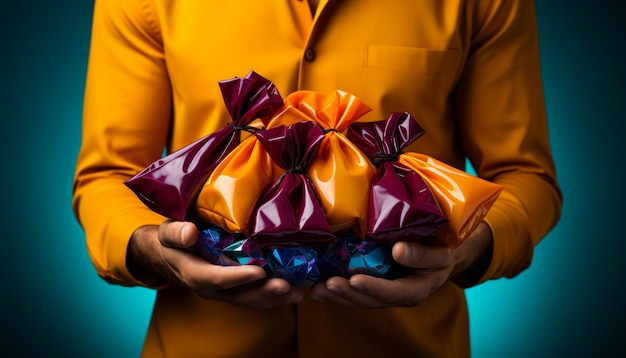 Photo man holding gift box on dark background