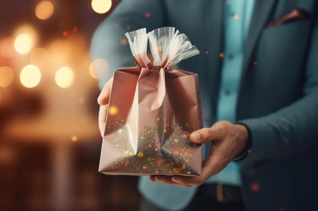 a man holding a gift with a gold ribbon on it.