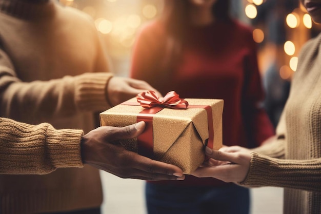 a man holding a gift with a red bow on it.