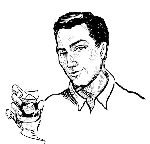 A man holding a glass of alcohol with the word whiskey on it.