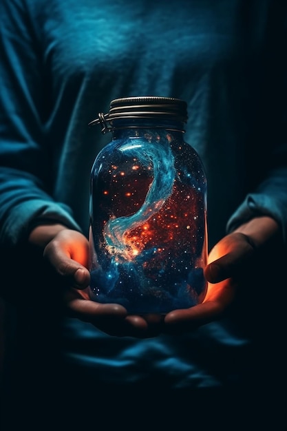 Foto uomo che tiene il vaso di vetro con la galassia all'interno concetto di spazio e stelle