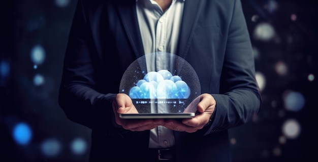 A man holding a glass sphere with a cloud display in the middle.