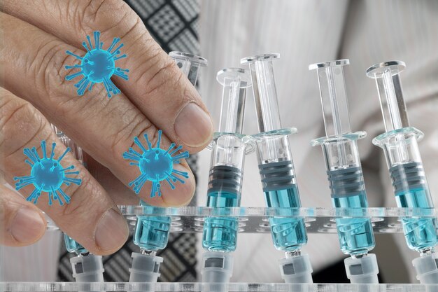 A man holding a glass syringe with 3D rendering viral models on the foreground.