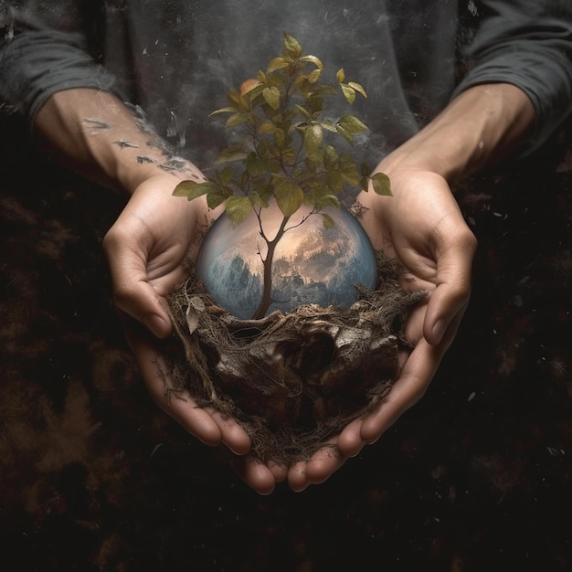 A man holding a globe with a tree on it