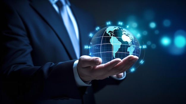 A man holding a globe with the word world on it