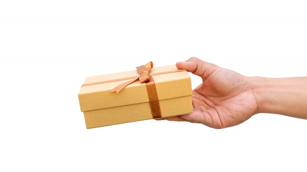 Man holding a gold gift box on a white background