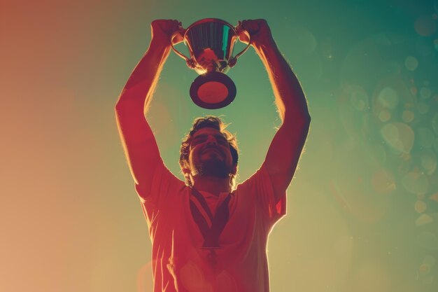 Foto uomo che tiene il trofeo d'oro come vincitore della competizione con un filtro vintage