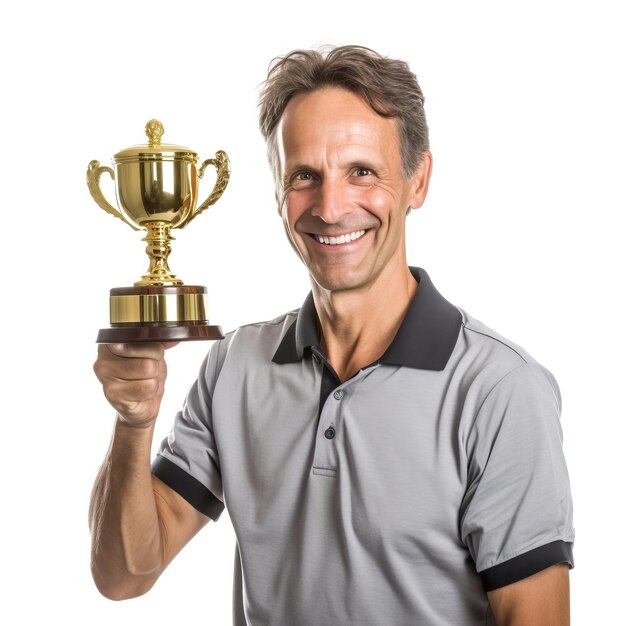 man holding gold trophy in white background hyper detailed