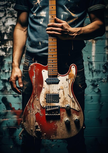 Photo a man holding a guitar in front of a wall with a paint chipped paint