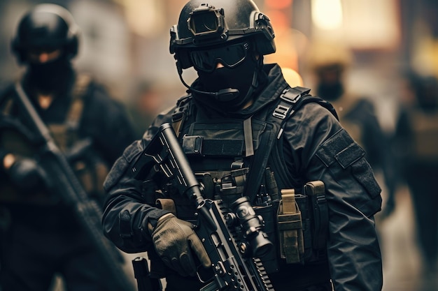 Photo man holding gun in black outfit criminal activity danger and security concept modern army special forces soldier police swat team member ai generated