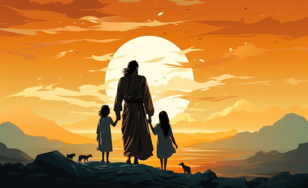 A man holding hands with two children and a dog digital image jesus with children