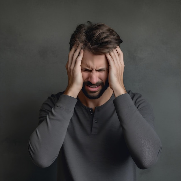 man holding head headache on gray background