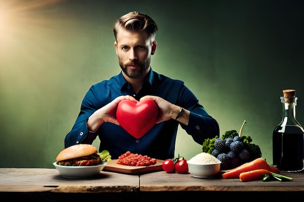 Мужчина держит сердце в форме сердца над столом, полным еды