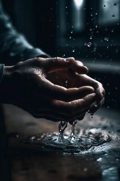 A man holding his hands with water drops on the background