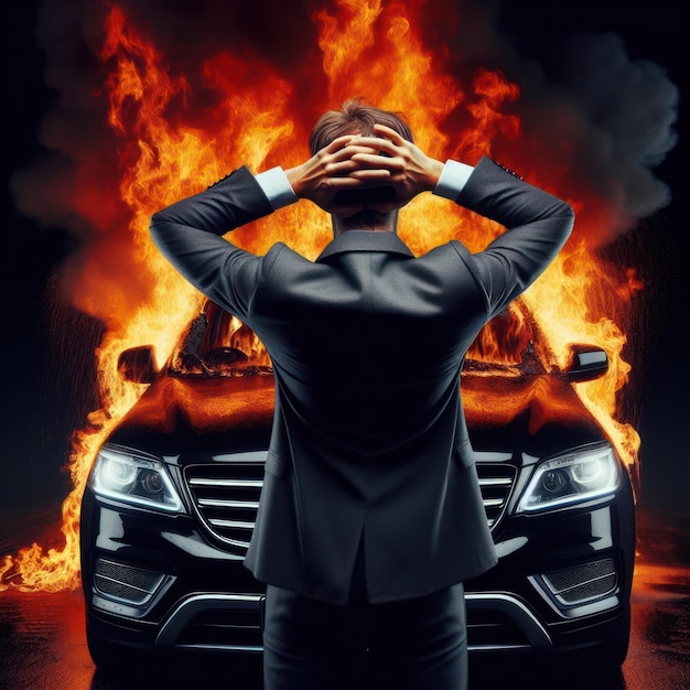 Photo man holding his head in front of a burning car isolated on black background