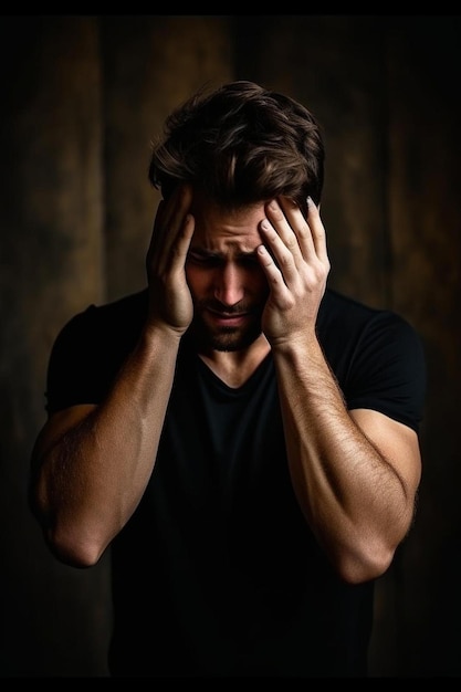 Photo a man holding his head in his hands