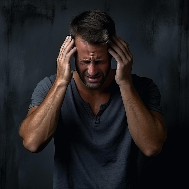 a man holding his head in his hands