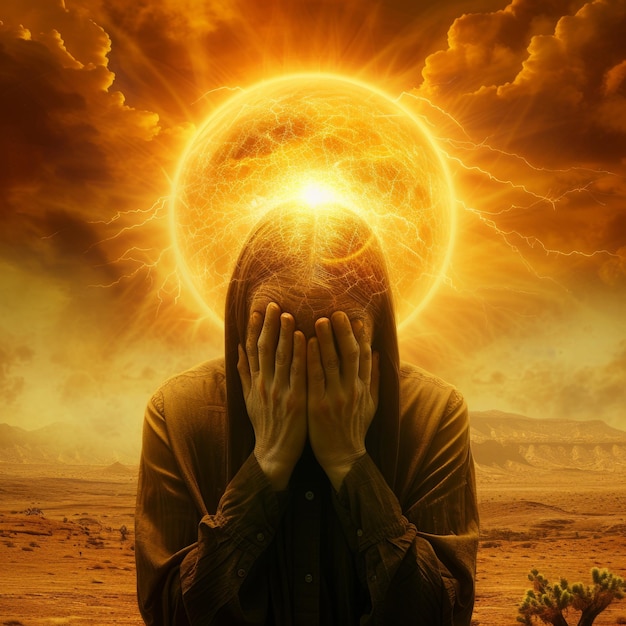 Man holding his head in pain with a bright light in the background