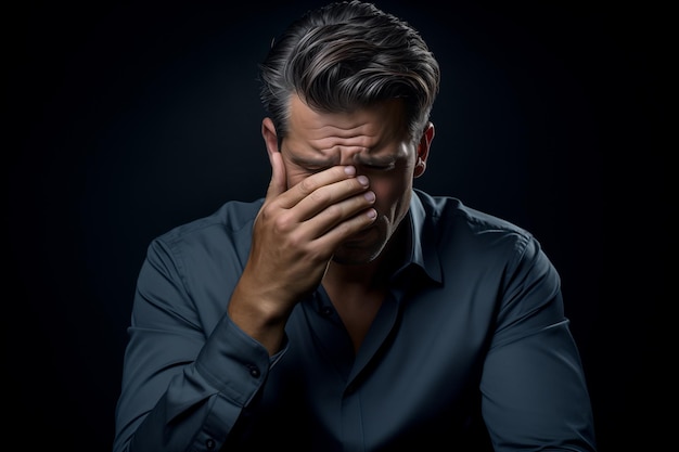 Foto l'uomo nel tenere la testa su uno sfondo chiaro e scuro concetto di problemi di disperazione depressione