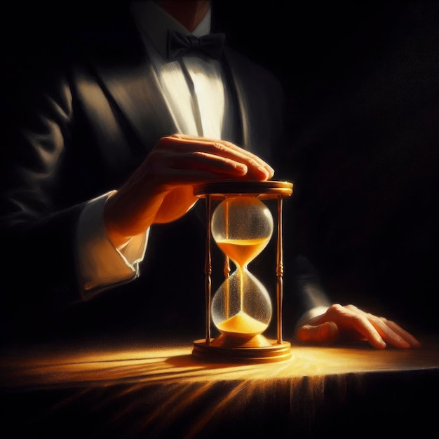 A man holding an hourglass being held in his hand ai generative