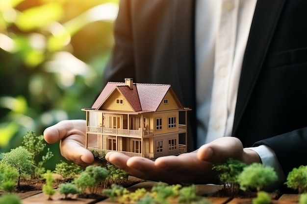 A man holding house model property agent landmark background