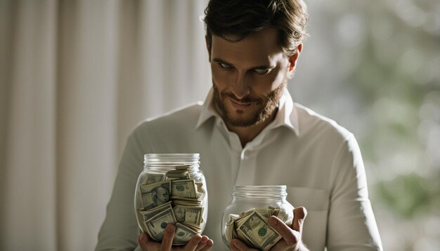 Photo man holding a jar full of money