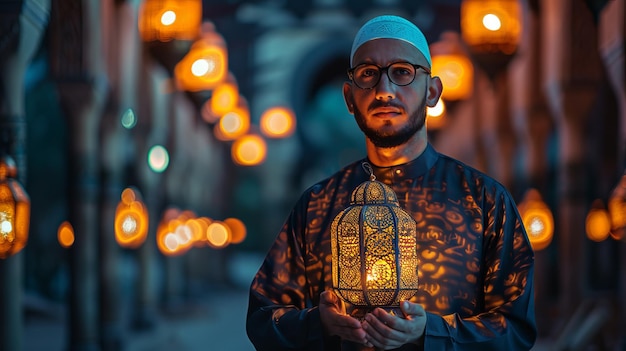 A man holding a lantern in the dark