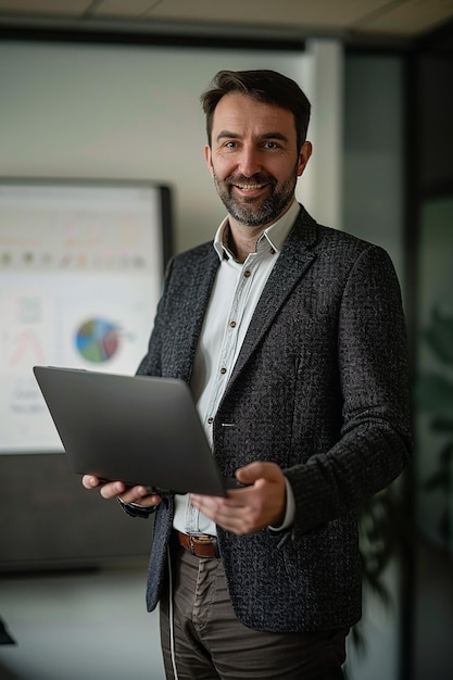 Photo a man holding a laptop in his hands with a background of a large picture of a world map