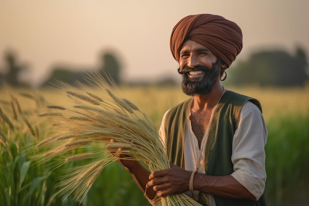 A man holding a large bunch of wheat in a field