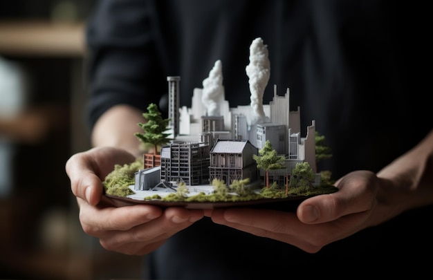 A man holding layout of a house Model of a buildings Man holding a miniature model of a factory