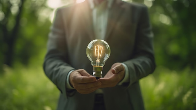 Man holding light bulb on nature backgroundCreated with Generative AI technology