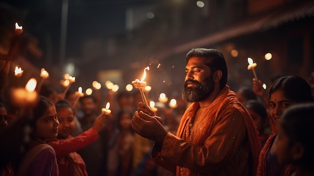 Man Holding Lit Candle in Front of Crowd of People Diwali