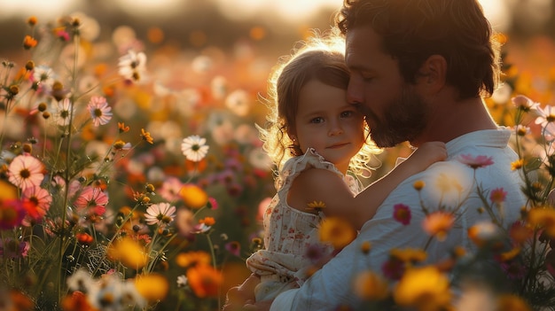 Man Holding Little Girl in Field of Flowers