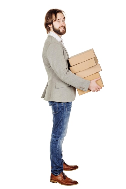 Man holding a many folder isolated on white background Concept of difficult career of a businessman