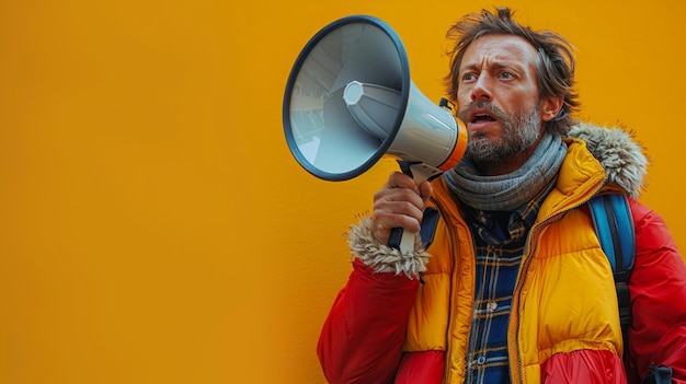 Photo man holding megaphone to his face