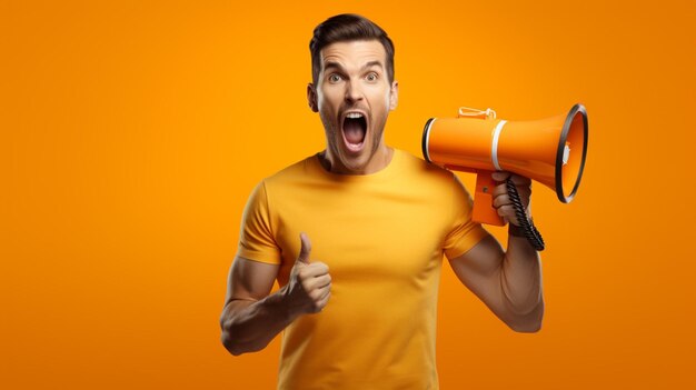 Photo man holding megaphone standing on apricot background