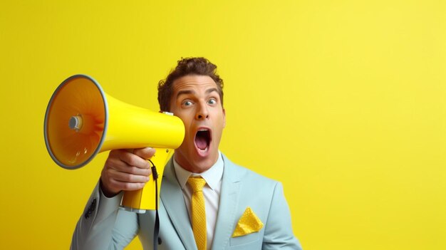 Man holding megaphone standing on lemon background