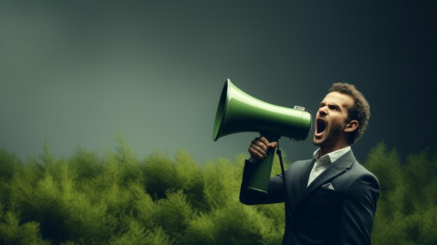 Photo man holding megaphone standing on moss green background