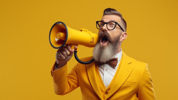 Man holding megaphone standing on mustard background