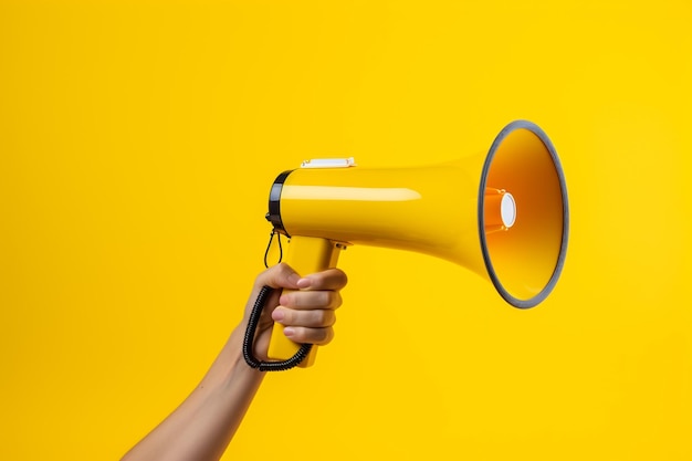 Man holding megaphone on yellow background