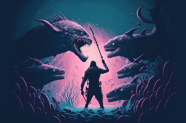 A man holding a mermaid confronts a group of legendary fish under the sea digital art style illustration painting fantasy illustration of a man fighting with fishes monsters