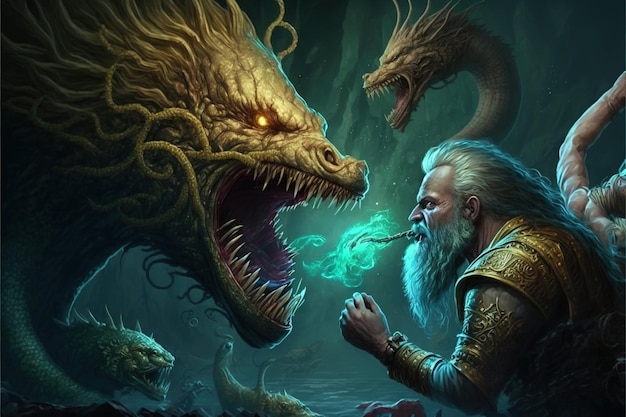 Photo a man holding a mermaid confronts a group of legendary fish under the sea digital art style illustration painting fantasy illustration of a man fighting with fishes monsters