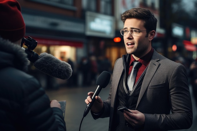 Photo a man holding mic on public space