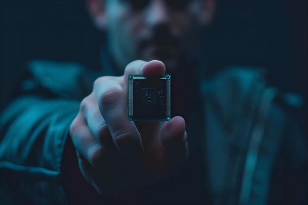 A man holding a microchip showcasing innovation in digital technology and electronics Concept Digital Technology Innovation Electronics Microchip Man