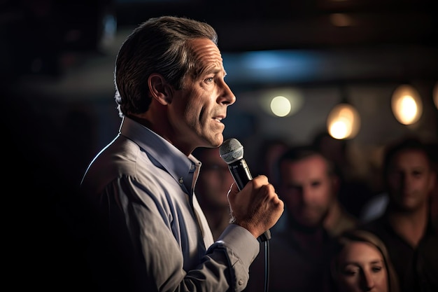 A man holding a microphone in front of a crowd