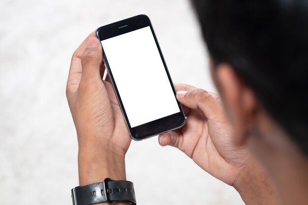 Man holding mockup smartphone on hands.