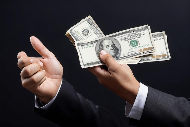 Photo man holding money in hand at black background man receive a lot money from trading business success concept