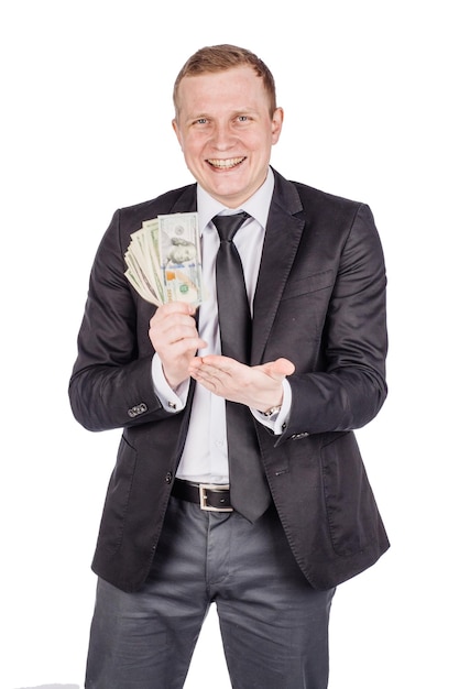 Man holding a money isolated on white background